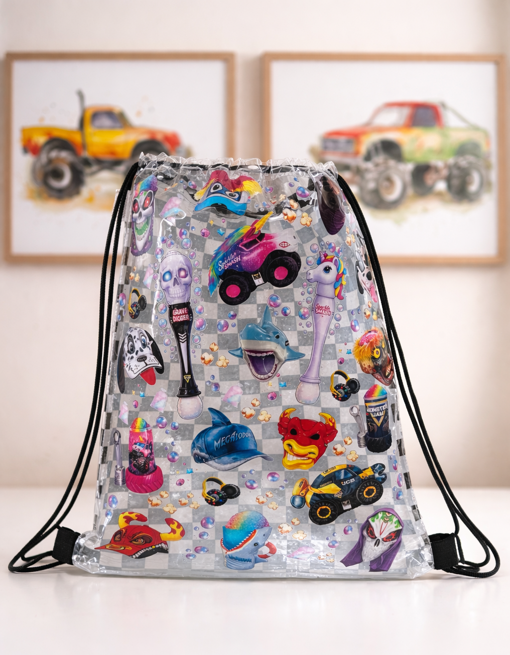 Checkered Chaos Clear Drawstring Bag